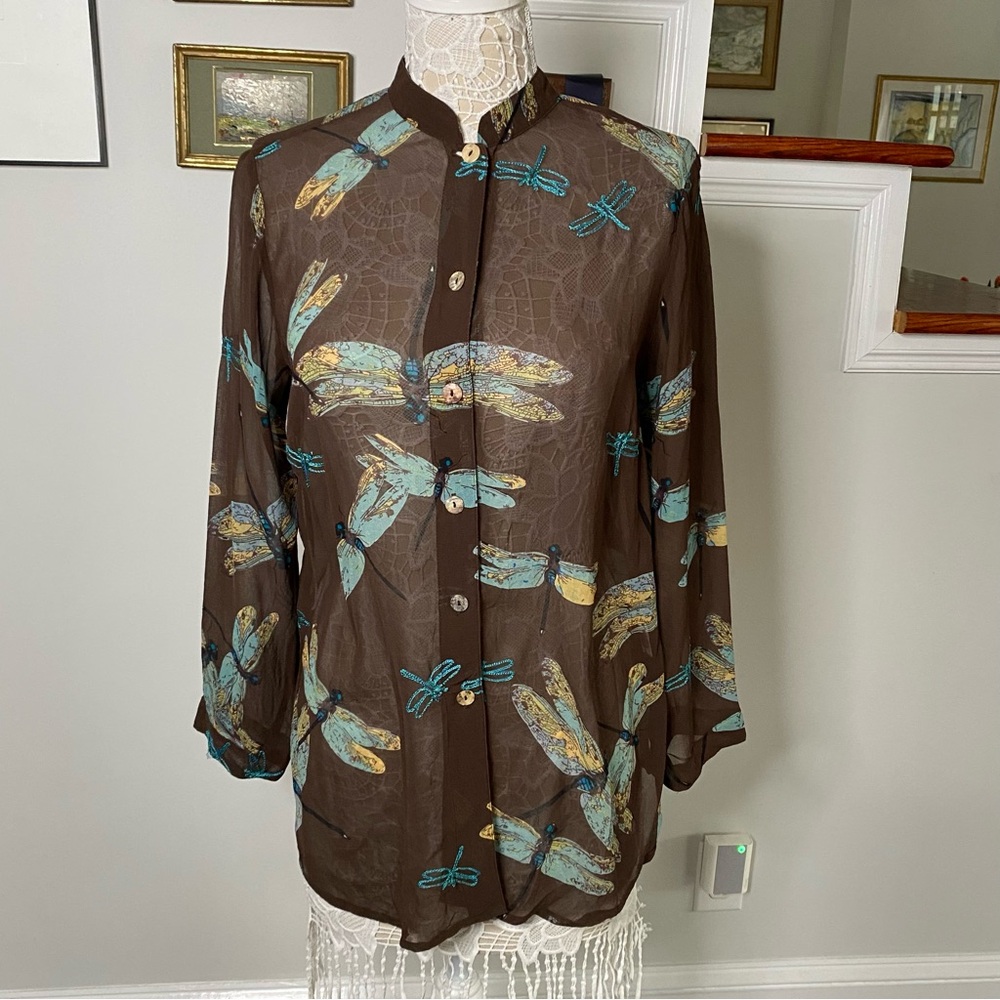 CITRON Brown Silk Blouse Dragonfly Print & Embroidery XS
